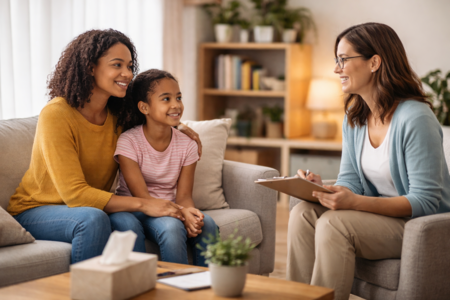 Parent and child meeting with counselor.